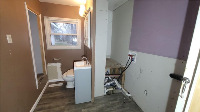 bathroom with vanity, hardwood / wood-style flooring, and toilet