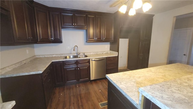 kitchen with sink, stainless steel dishwasher, ceiling fan, dark hardwood / wood-style flooring, and dark brown cabinetry