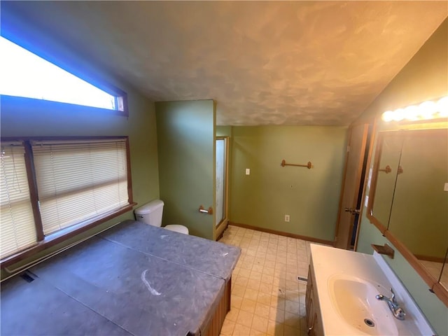 bathroom with vanity, a shower with shower door, lofted ceiling, and toilet