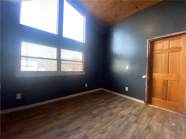 empty room with lofted ceiling, dark hardwood / wood-style flooring, plenty of natural light, and wooden ceiling