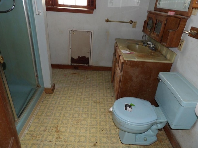 bathroom with vanity, an enclosed shower, and toilet