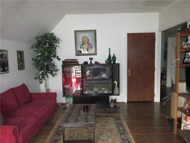 living room with dark hardwood / wood-style flooring and lofted ceiling