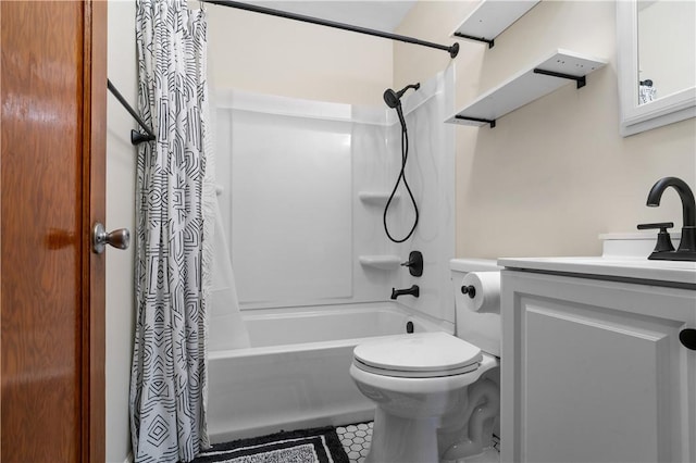 full bathroom with shower / tub combo, vanity, and toilet