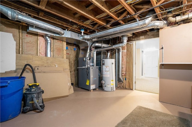 basement with heating unit and gas water heater