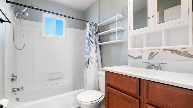 full bathroom featuring vanity, toilet, and shower / tub combo with curtain