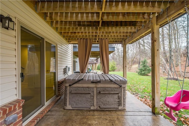 view of patio featuring a hot tub