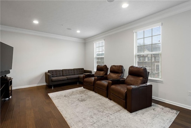 living room with ornamental molding and dark wood-type flooring