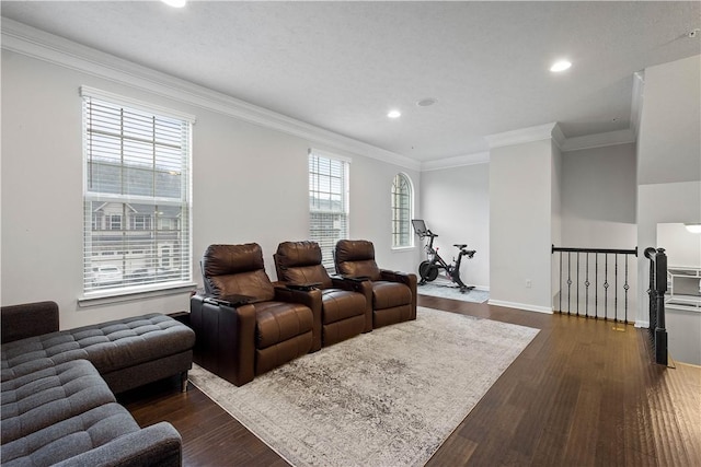 living room with a textured ceiling, ornamental molding, and dark wood-type flooring