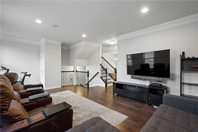 living room featuring ornamental molding and dark wood-type flooring