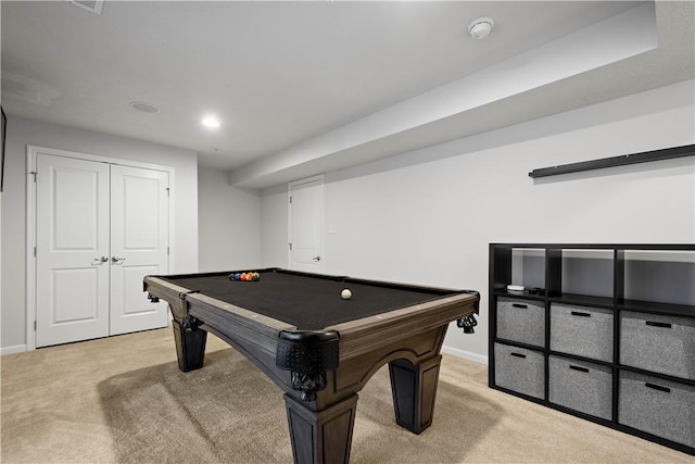 rec room with light colored carpet and pool table