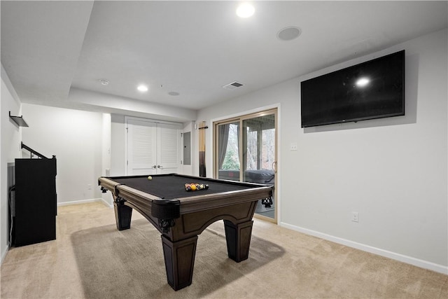 rec room with light carpet and pool table