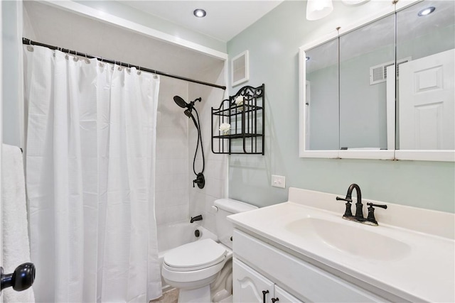 full bath featuring toilet, vanity, visible vents, and shower / bathtub combination with curtain