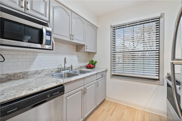 kitchen with a sink, baseboards, appliances with stainless steel finishes, decorative backsplash, and light wood finished floors