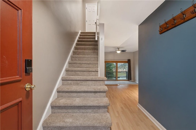 staircase with wood finished floors, a ceiling fan, and baseboards