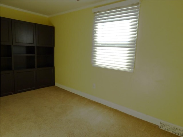 spare room featuring ornamental molding and light carpet