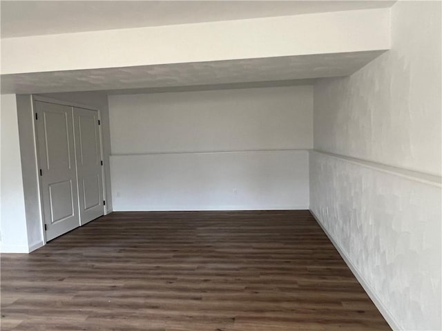 basement with dark hardwood / wood-style flooring