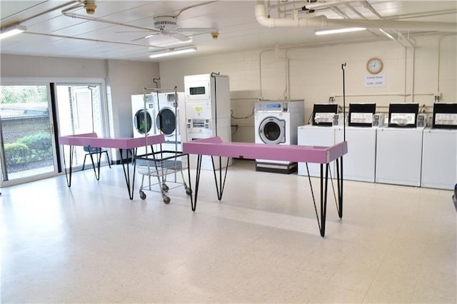 clothes washing area featuring stacked washer and dryer, separate washer and dryer, and ceiling fan