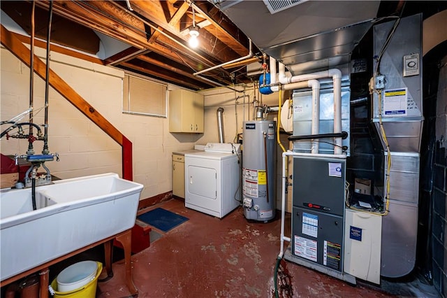 laundry room with cabinets, washer and dryer, gas water heater, and sink