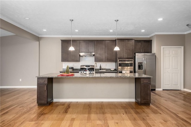 kitchen featuring decorative light fixtures, light hardwood / wood-style floors, stainless steel appliances, and a kitchen island with sink