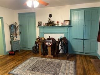 living area featuring ceiling fan and dark wood-type flooring