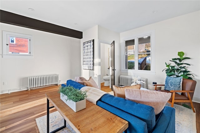 living room with radiator heating unit and wood-type flooring