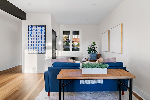 living room featuring radiator and hardwood / wood-style flooring