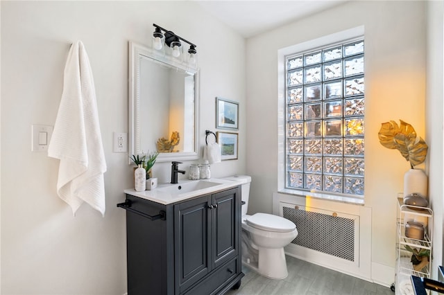 bathroom featuring toilet, vanity, and hardwood / wood-style flooring