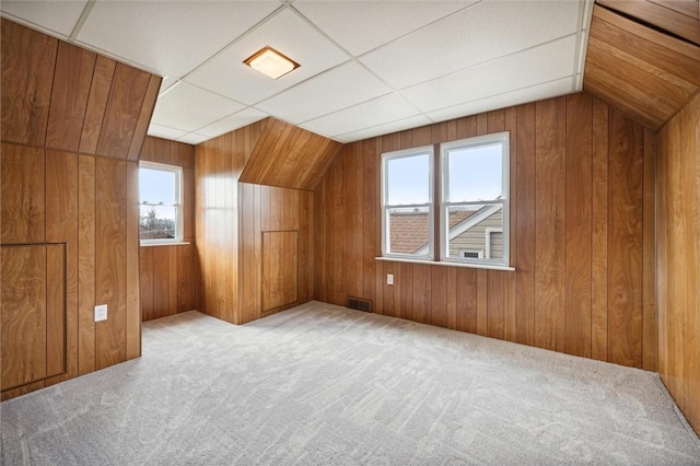 additional living space featuring wooden walls, a healthy amount of sunlight, vaulted ceiling, and light carpet