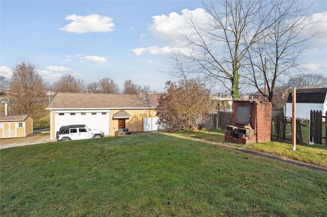 exterior space with a front lawn and a storage shed