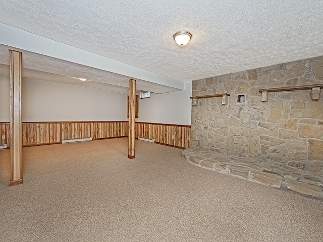 basement with a textured ceiling and wood walls