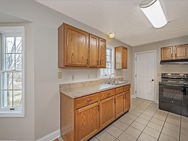 kitchen featuring a textured ceiling, black / electric stove, a healthy amount of sunlight, and sink