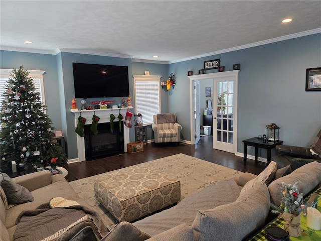 living room featuring dark wood-type flooring and ornamental molding