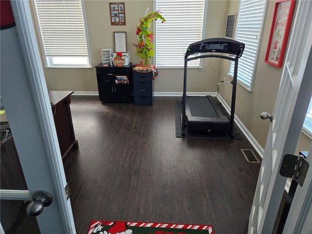 workout area featuring dark hardwood / wood-style flooring