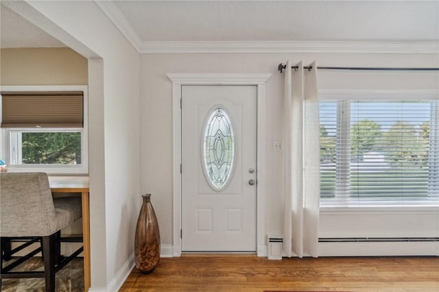 foyer with wood-type flooring, ornamental molding, and a wealth of natural light