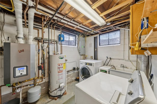 washroom with water heater, washer / clothes dryer, and electric panel