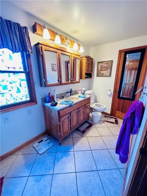 bathroom with tile patterned floors, vanity, toilet, and a bidet