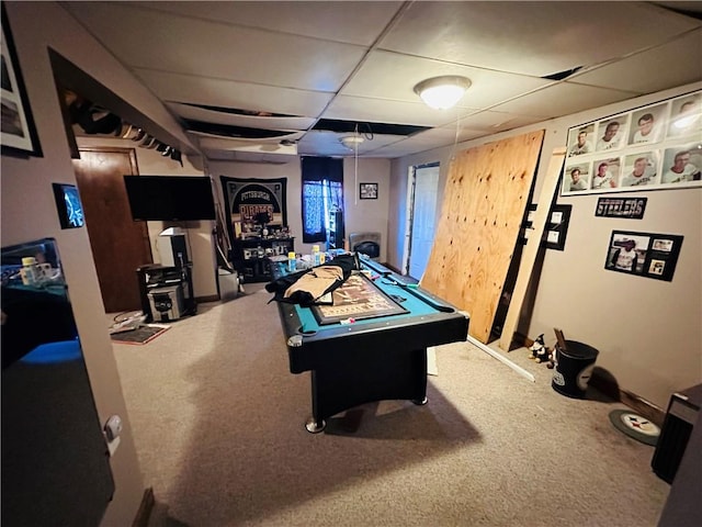 rec room with carpet, a paneled ceiling, and pool table