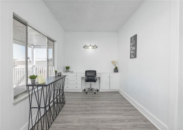 office with light hardwood / wood-style floors and built in desk