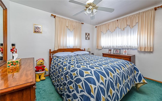 carpeted bedroom featuring ceiling fan