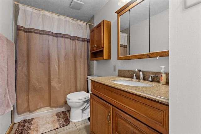 full bathroom with toilet, vanity, tile patterned floors, and shower / bathtub combination with curtain