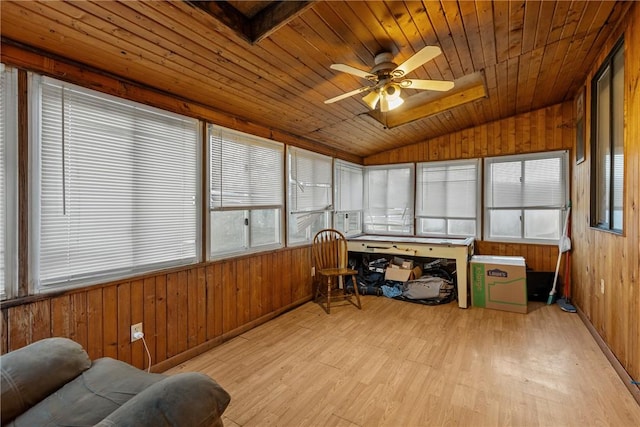 sunroom featuring ceiling fan, a healthy amount of sunlight, wood ceiling, and vaulted ceiling