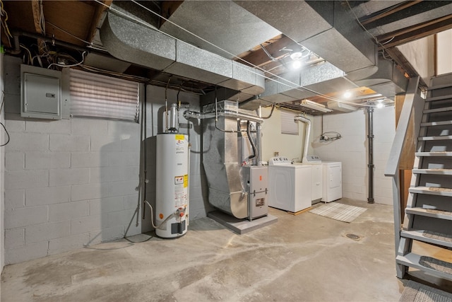 unfinished below grade area with water heater, stairway, independent washer and dryer, electric panel, and heating unit