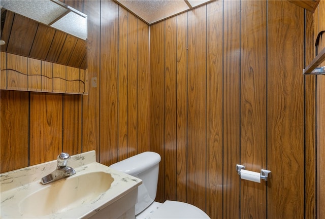 bathroom with toilet, wooden walls, and a sink