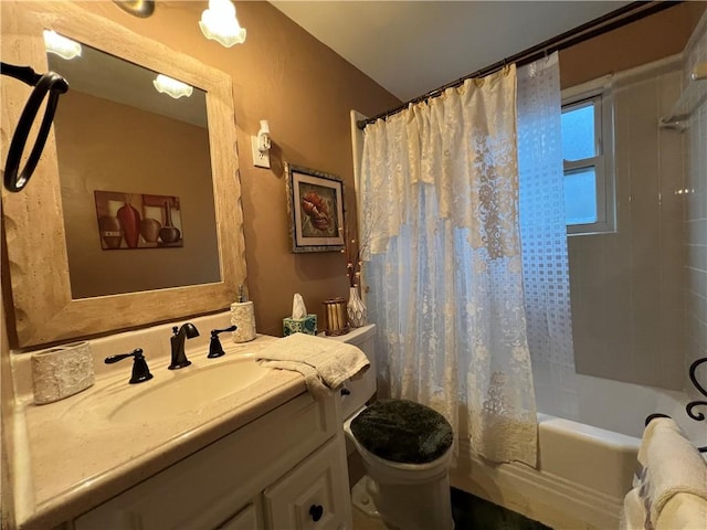 full bathroom with vanity, toilet, and shower / tub combo with curtain