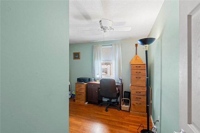 office area with hardwood / wood-style flooring and ceiling fan