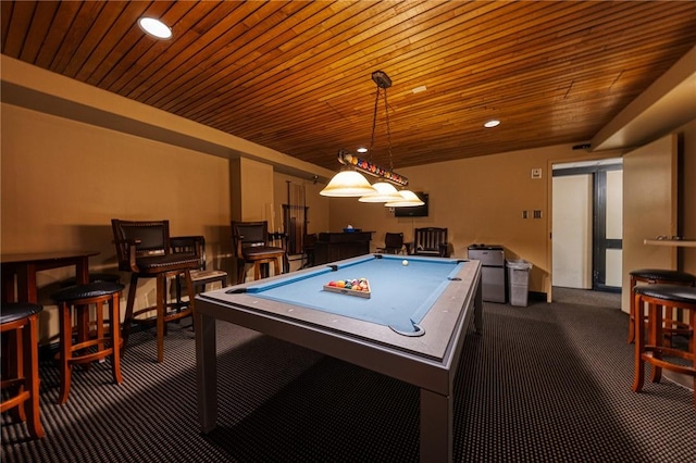 rec room with dark carpet, wood ceiling, and billiards