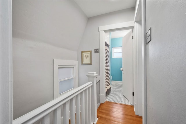 hallway featuring lofted ceiling and light wood-type flooring