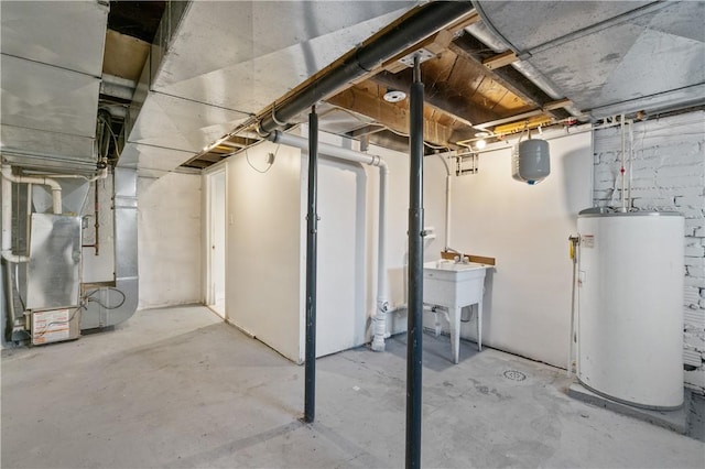 basement with heating unit and water heater