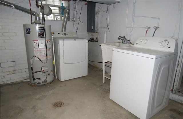 clothes washing area with washer hookup, electric panel, and water heater