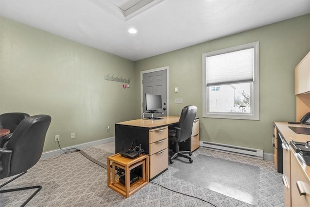 home office featuring a baseboard heating unit, recessed lighting, light carpet, and baseboards